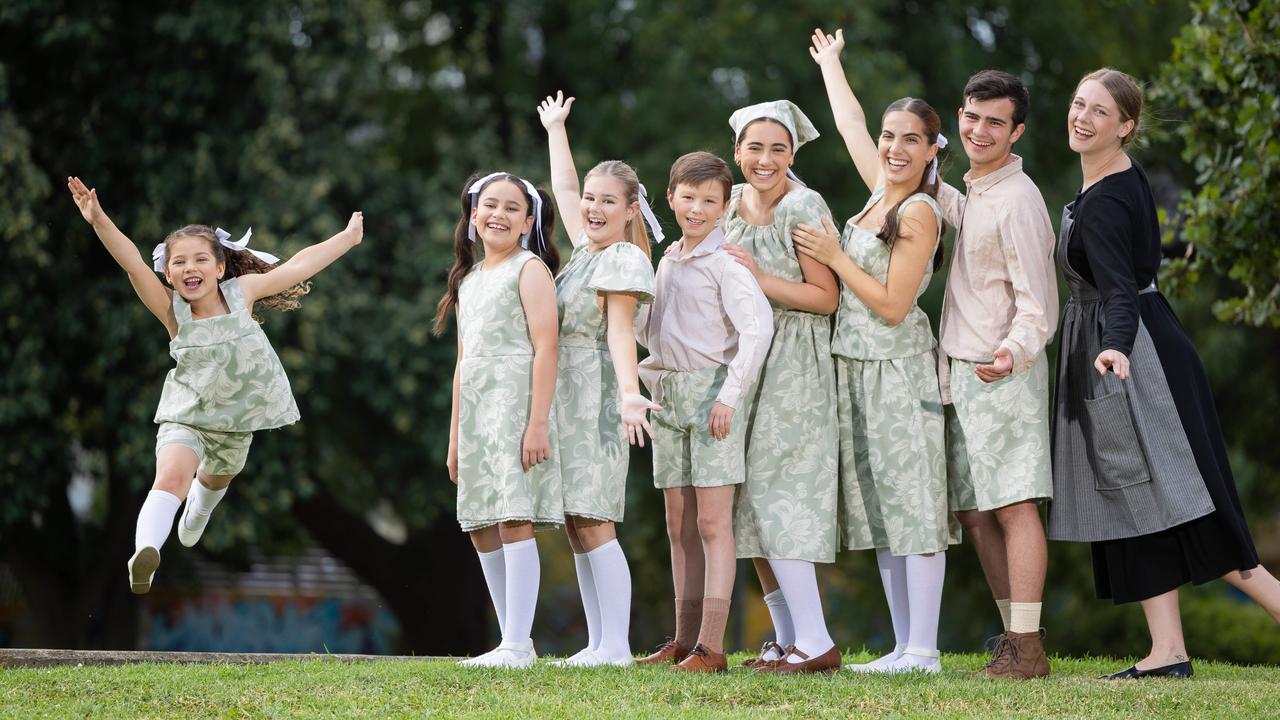 Penelope Amato-Gifford, playing Gretl, leaps joyfully during a rehearsal for “The Sound of Music”, which opens this weekend at the National Theatre in St Kilda. Picture: Jason Edwards