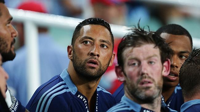 Auckland Blues Benji Marshall sits on the bench during the second half of the Super Rugby trial match between the NSW Waratahs and Auckland Blues at Allianz Stadium, Sydney. Pic Brett Costello