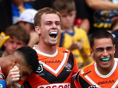 NRL 2025 RD02 Parramatta Eels v Wests Tigers - Lachlan Galvin, Try, Celebration. Picture: NRL Photos