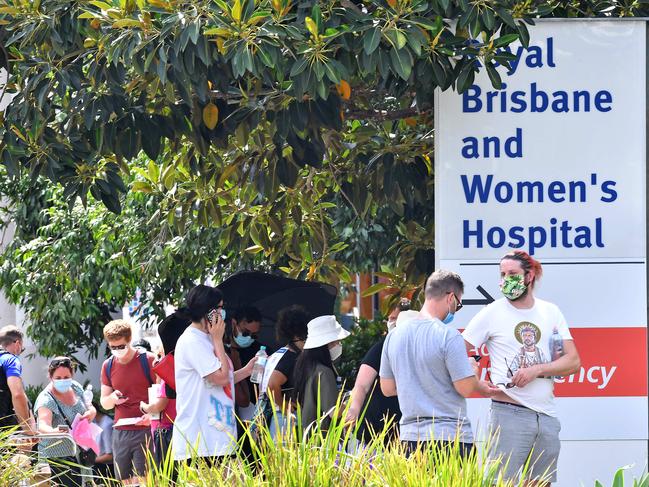 Four-hour queues were being experienced on Sunday at the Royal Brisbane Hospital’s COVID-19 testing clinic. Picture: John Gass