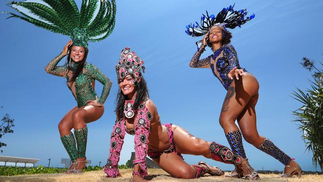 Getting ready for the fun are Samba dancers Susane Costa, Patricia Edgar, and Carol Santos. Picture Glenn Hampson