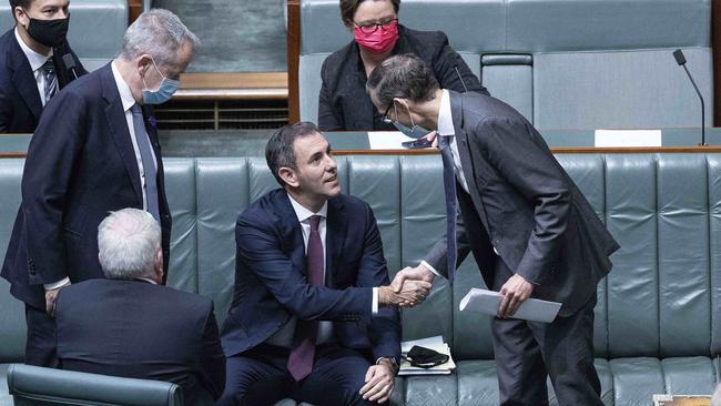 Treasurer Jim Chalmers is congratulated after delivering his economic statement in Parliament House, Canberra, on Thursday. Picture: Gary Ramage