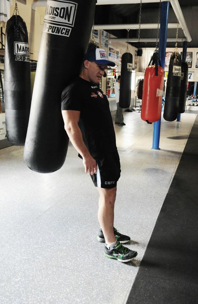 Paul Gallen relaxing ahead of a training session at Smyth's Gym in Toowoomba. Ahead of the fight on Friday night. Pic David Martinelli 27-01-2016