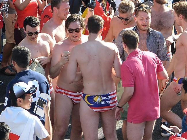 Aussie spectators who wore budgie smugglers bearing the Malaysian flag during the Formula One Malaysian Grand Prix in Sepang have been arrested. Picture: AFP