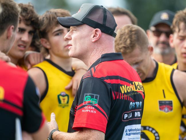 North Launceston coach Adrian Smith addresses the Bombers at Lauderdale Oval last week. Picture Linda Higginson Solstice/Digital