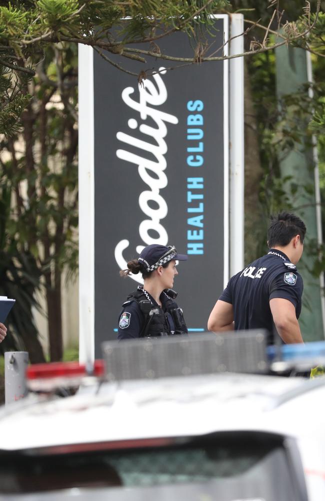 Police attend the scene of a stabbing in Carindale near the Goodlife gym at the corner of Creek and Pine Mountain roads at Carindale. Picture: Nigel Hallett