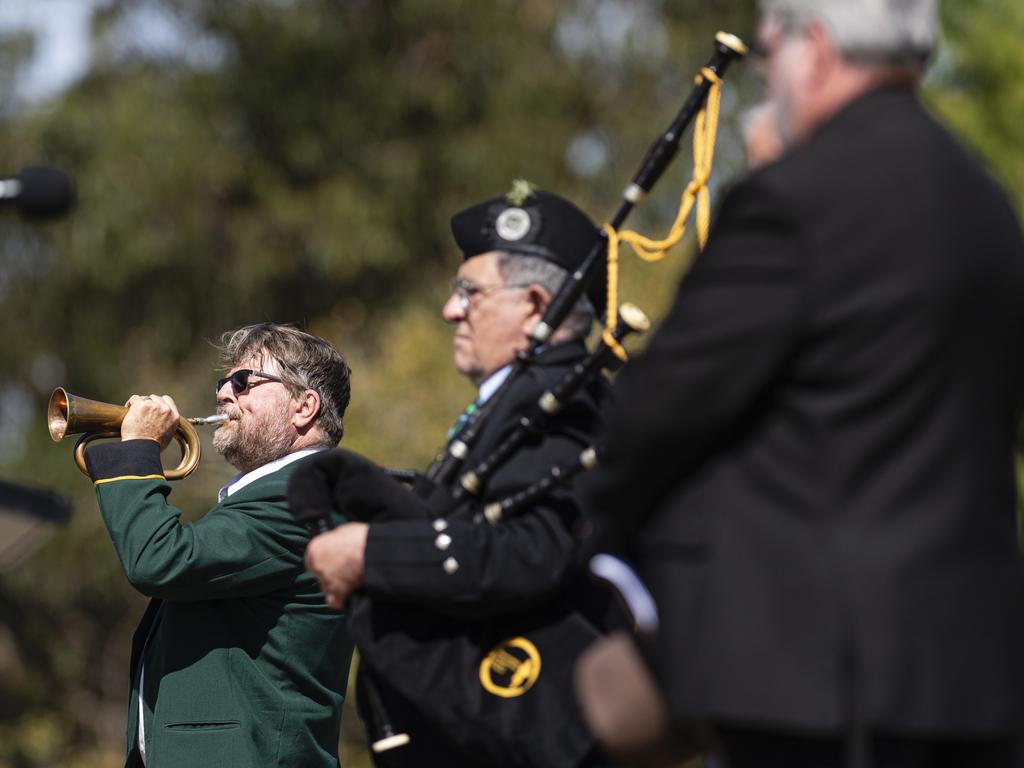 Phil Ryan of The Toowoomba Municipal Band plays the Last Post at Toowoomba's Anzac Day mid-morning service at the Mothers' Memorial, Thursday, April 25, 2024. Picture: Kevin Farmer