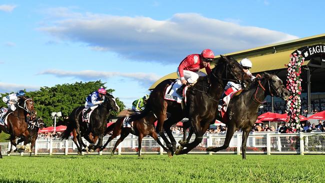Ryan Maloney (red silks) gets Socks Nation home in the Group 1 Queensland Oaks boilover at Eagle Farm. Picture: Grant Peters / Trackside Photography
