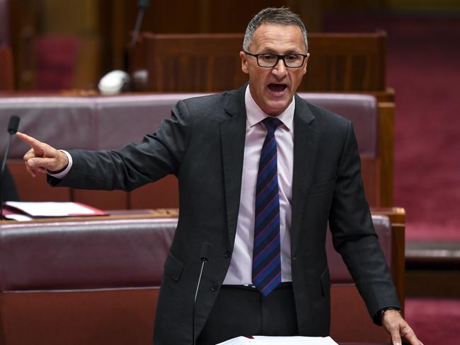 Greens Senator Richard Di Natale speaks during debate in the Senate chamber at Parliament House in Canberra. Picture: AAP/Lukas Coch