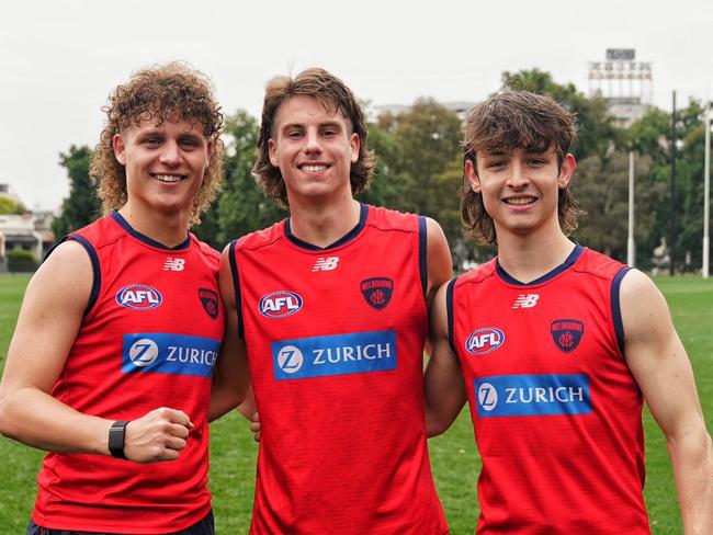 Demon new recruits Koltyn Tholstrup, Caleb Windsor and Kynan Brown (L to R) at there first day one of pre-season training with the Melbourne Demons. Picture Melbourne FC