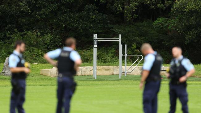 Police look over outdoor gym equipment at Balmoral as part of COVID-19 patrols earlier this year.