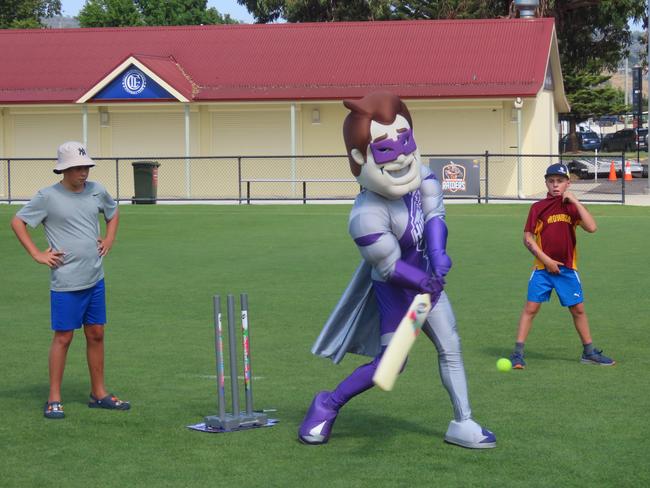 The Hurricanes mascot plays cricket with the fans at Tuesday's fan day in Launceston. Picture: Jon Tuxworth