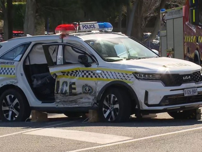 Two police officers injured in crash outside Immanuel College in Novar Gardens, Adelaide Picture: 7NEWS