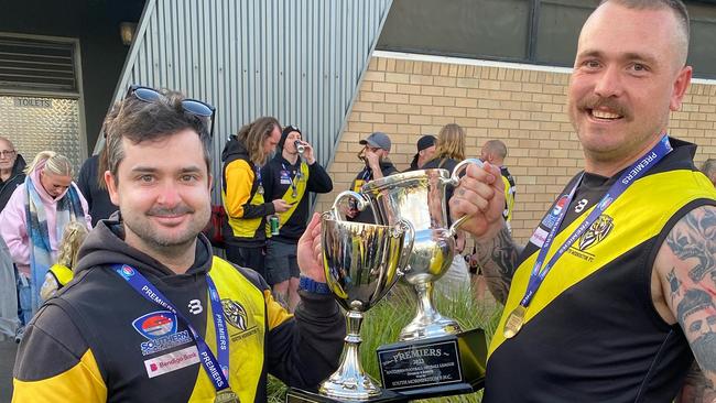 South Mornington's coaches with the seniors and reserves premiership after winning both premierships in the Southern league Division 4. Picture: Supplied.