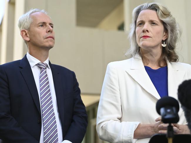 Home Affairs Minister Clare O’Neil and Immigration Minister Andrew Giles are like rabbits in the spotlight. Picture: NCA NewsWire / Martin Ollman