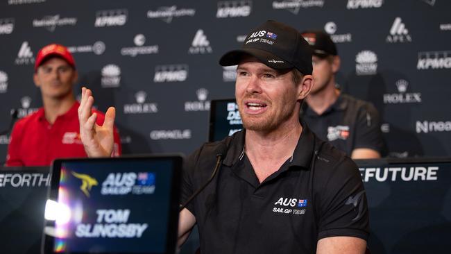 Tom Slingsby, CEO and driver of Australia SailGP Team, speaks to the media in a pre-event press conference. Picture: SailGP