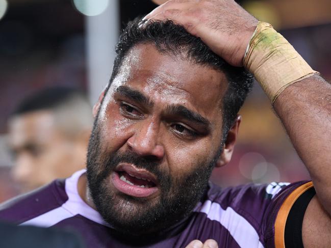 Sam Thaiday of the Broncos is dejected following the Elimination Final between the Brisbane Broncos and the St George-Illawarra Dragons in Week 1 of the NRL Finals Series at Suncorp Stadium in Brisbane, Sunday, September 9, 2018. (AAP Image/Dave Hunt) NO ARCHIVING, EDITORIAL USE ONLY