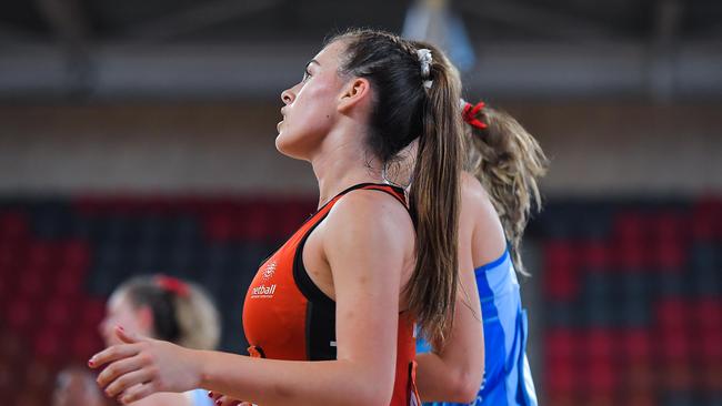 The NT’s Ashley Vasquez up against NSW in the 2023 National Netball Championships. Picture: Pema Tamang Pakhrin