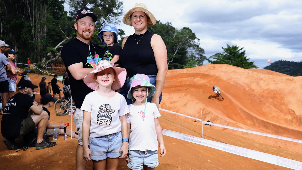 Keen mountain biker Jamie Scarborough took his children Tate Scarborough, 2, Lucy Scarborough p, 6, Ella Scarborough, 4, and partner Aysha Koops along to the Crankworx Cairns mountain bike festival to watch the Speed &amp; Style competition at the Smithfield Mountain Bike Park. Picture: Brendan Radke