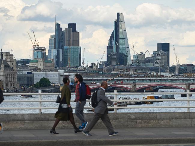 (FILES) This file photo taken on May 24, 2016 shows the skyline of buildings in The City of London as seen from Waterloo Bridge. Picture: Niklas Hallen