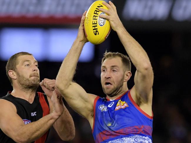 Travis Cloke of the Bulldogs contributed both to the scoreboard and in the ruck. Picture: AAP