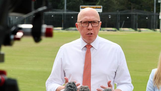 BRISBANE, AUSTRALIA - NewsWire Photos SEPTEMBER 19, 2024: The Leader of the Opposition Peter Dutton speaks to the media during a visit to the Valley District cricket club in Ashgrove. Picture: NewsWire/Tertius Pickard