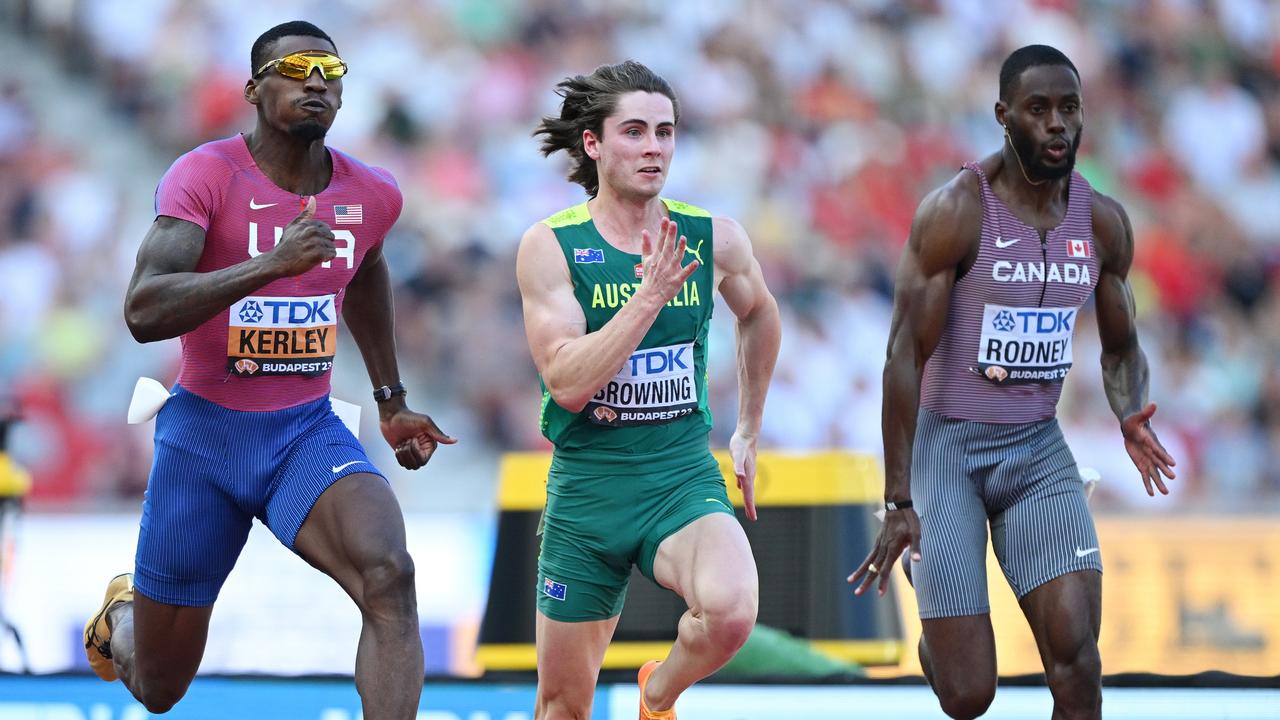 Browning logged consecutive times of 10.11 seconds at the world championships in Budapest this year, falling just short of the final. Picture: Hannah Peters / Getty Images