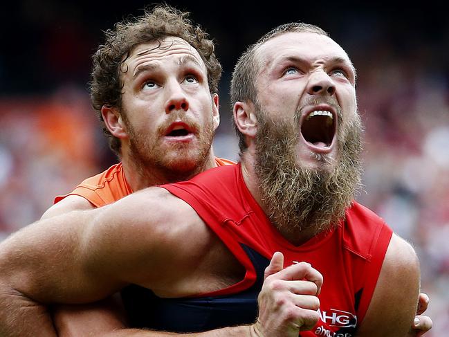 AFL Round 1 - Melbourne v GWS at MCG , GWS Giants Shane Mumford and Melbourne's Max Gawn contest. 26th March 2016. Picture: Colleen Petch.