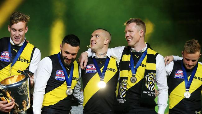 Dustin Martin of the Tigers and Jack Riewoldt of the Tigers after the 2019 AFL Grand Final