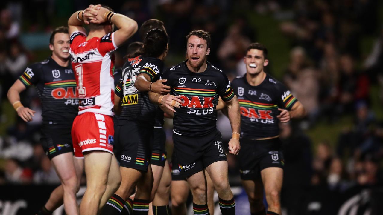 James Maloney of the Panthers celebrates the try to Nathan Cleary against the Dragons