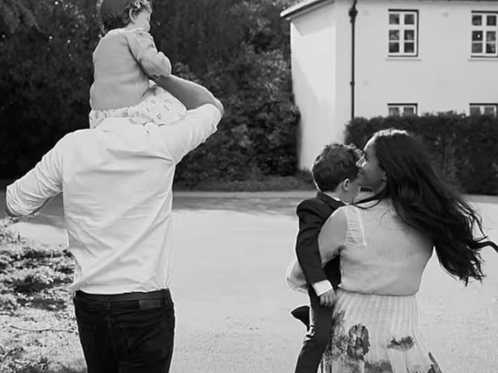 Harry and Meghan with their children on the driveway to Frogmore Cottage. Picture: Netflix