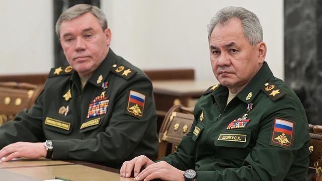 Valery Gerasimov (L), Chief of the General Staff of the Russian Armed Forces, and Russia's Defence Minister Sergei Shoigu at the Kremlin. Picture: TASS via Getty Images.