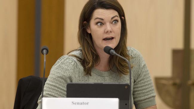 Senator Sarah Hanson-Young on the attack during estimates. Picture: NCA NewsWire / Gary Ramage