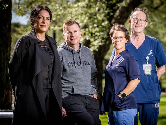 Dale Atkin, a survivor of the Bali bombings, is reunited with medical professionalsYvonne Singer, Hana Menezes and Mark Fitzgerald. Picture: Jake Nowakowski.