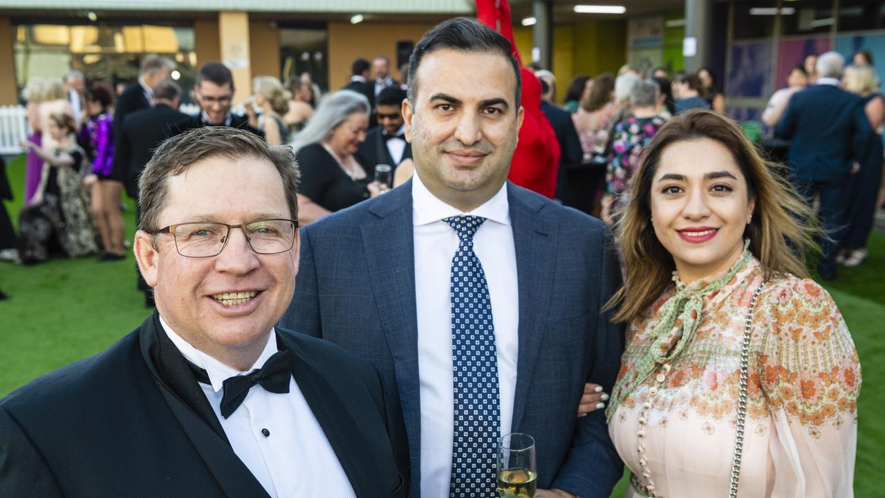 Michael Mattewson (left) of Mort and Co with Rouz and Sarah Fard of UniSQ at the Focus HR Business Excellence Awards at Rumours International, Saturday, November 5, 2022. Picture: Kevin Farmer