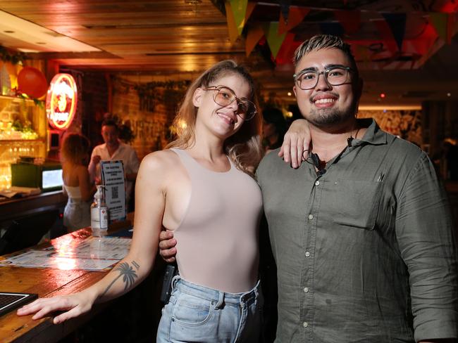 Shanesse Perry and Alex Parr celebrated New Year's Eve at The Courtyard on the Cairns Esplanade. Picture: Brendan Radke