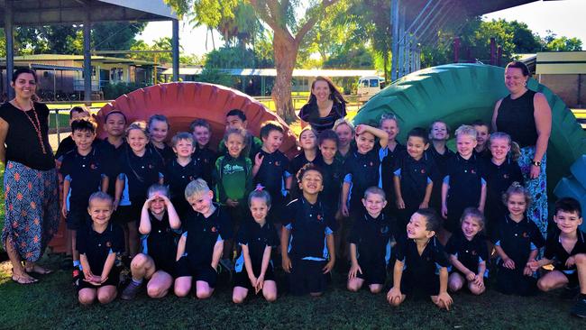 Alyangula Area School: Transition Class. TEACHERS (L-R): Louise Stephen, Cat Dornan, Megan Arthy. FRONT ROW (L-R): : Alyssa Coden, Amber McGuire, Noah Elliston, Isobel McDonald, Liam Johnstone, Cobi Ranieri, Cooper Gould, Ivy Rhodes, Eliza Crick. MIDDLE ROW (L-R): Jai Lauryssens, Marley Woldseth, Jimmy Todd, Leihlani Booth, Tyson Hujbert, Amie Parker, Penny Hujbert, Greg Porter, Sebastian Cohen, Grace Spear. BACK ROW (L-R): Kai Kussrow, Tyson Uasike, Lily Brown, Thomas Woodbury, Johnny Mafi, Bella Ellicott, Tom Reynolds, Poppy Nowell, Aubrey Stower, Sonny Laidlaw. ABSENT: Marlee Baker, Nickerlye Bara, Charlie Durilla, Alaria Mamarika Picture: JESSICA PARKER