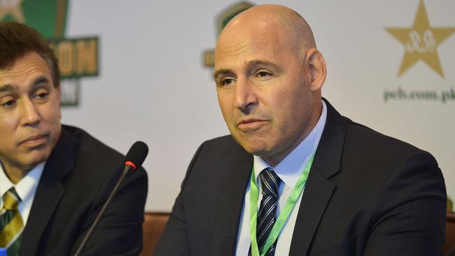 Chief executive officer of Australian cricket board Nick Hockley (R) and his Pakistan's counterpart Faisal Hasnain attend a media briefing during the first day of the first Test cricket match between Pakistan and Australia at the Rawalpindi Cricket Stadium in Rawalpindi on March 4, 2022. (Photo by Farooq NAEEM / AFP)