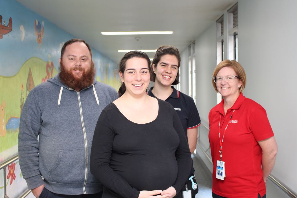 Expectant mother Laura Andrews, and her husband Cameron Andrews, along with (back from left) student midwife Monique Matthews and midwifery lecturer/fully credentialed midwife, Karen McDonald-Smith. Picture: Contributed