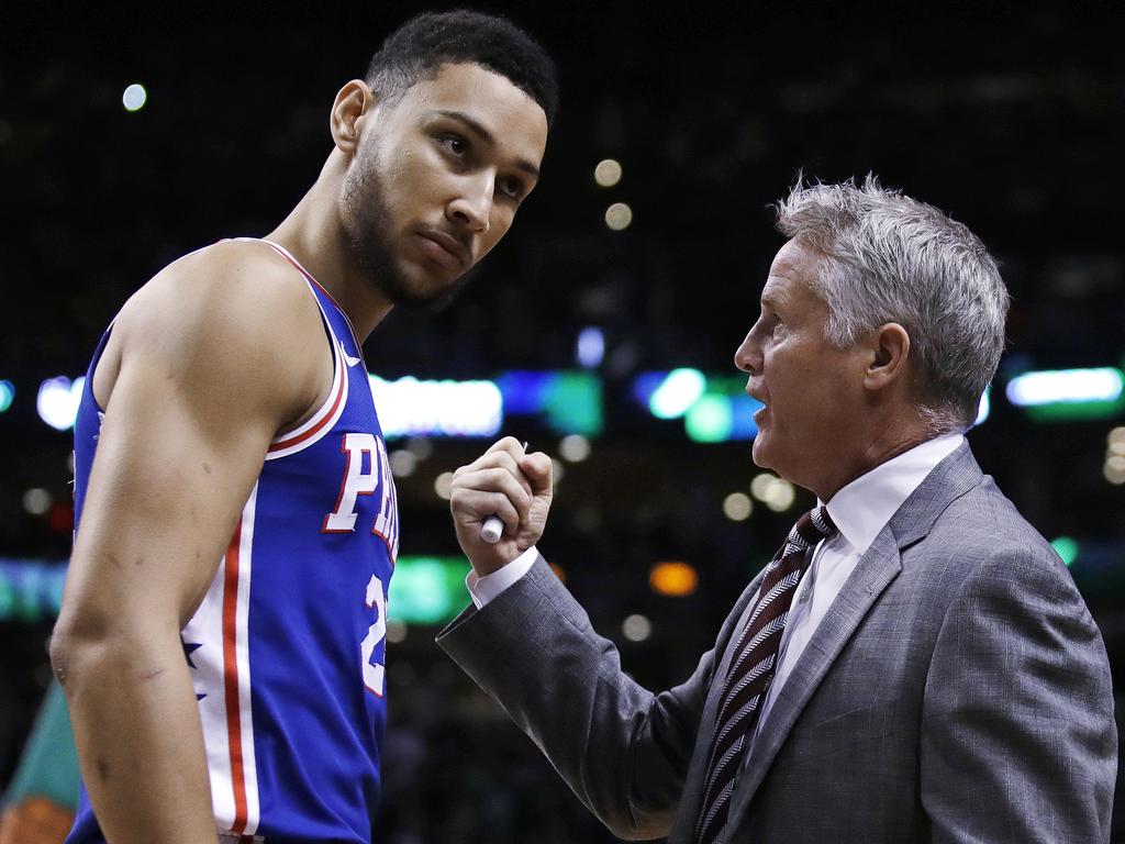 Philadelphia 76ers coach Brett Brown, right, has a different role in mind for star Ben Simmons this season. Picture: AP Photo