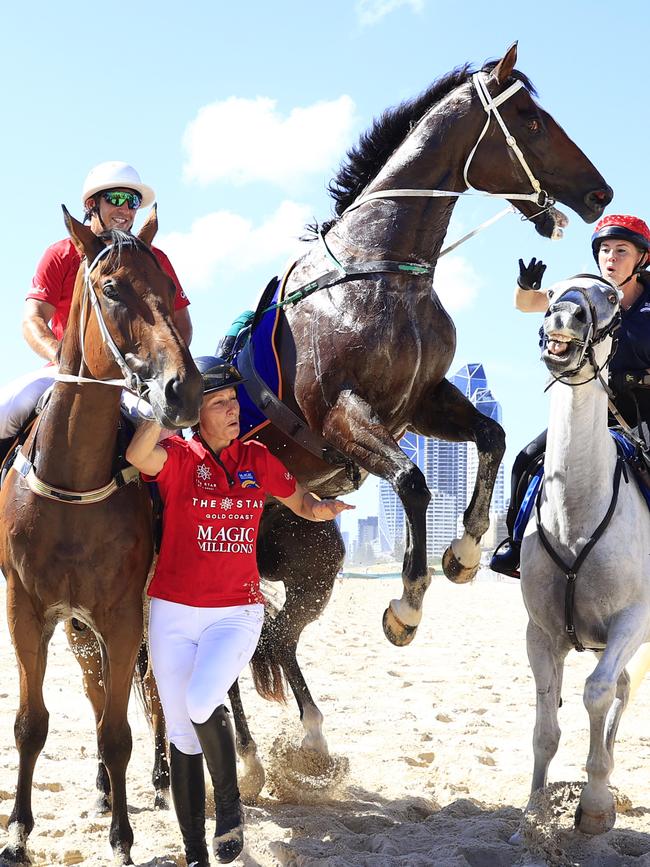 Magic Millions ambassador Zara Tindall finds herself in a tight spot on the sands of Surfers Paradise on Tuesday. Picture: Adam Head