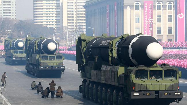 North Korea’s Hwasong-15 ballistic missiles on display during the military parade to mark the 70th anniversary of the Korean People's Army at Kim Il Sung Square in Pyongyang.