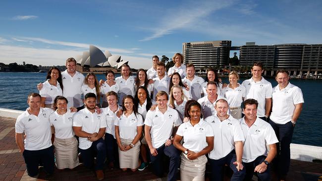 Players pose during the Australian Olympic Games sevens team announcement in Sydney.