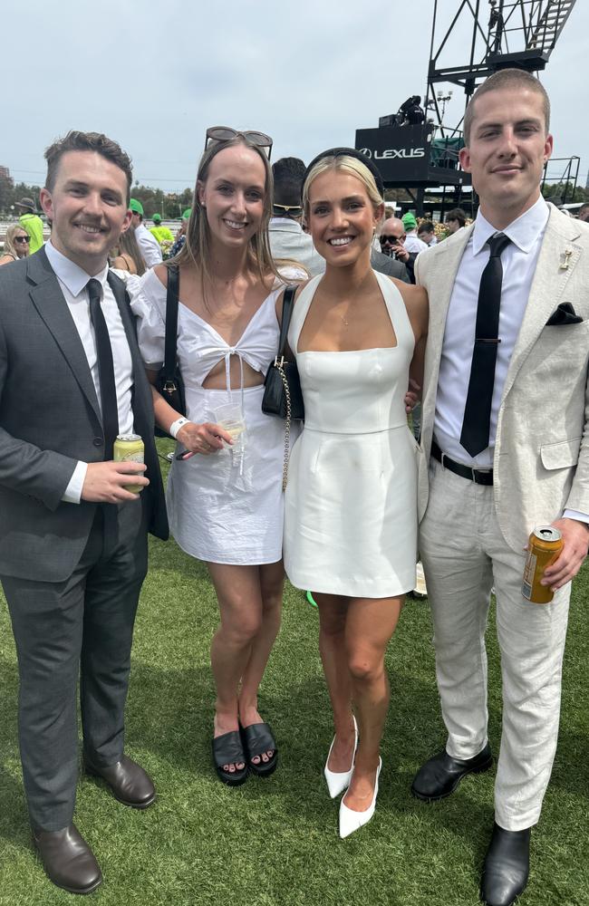 Mitch Lyon, Amy Wallace, Lauren Bird and Braden Bird at Flemington for Derby Day on November 2, 2024. Picture: Phillippa Butt