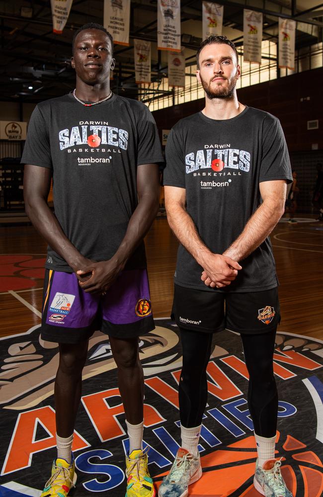 Makuach Malauch and Sean Macdonald as the Darwin Salties ahead of their first ever NBL1 North home semi-final. Picture: Pema Tamang Pakhrin