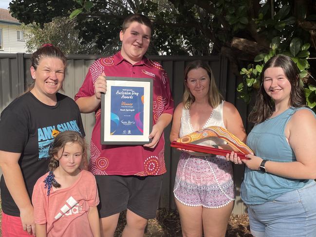 Noah Springall with his award and with his siblings, Jessica, Natalie, Britney and Amelia.