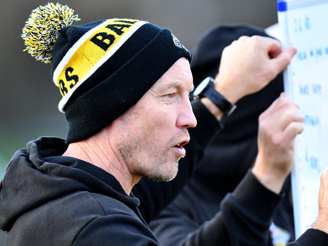 Balwyn Head Coach Brenton Sanderson speaks to his players during the round five EFNL Premier Division Eastland Senior Mens match between Berwick and Balwyn at Berwick Edwin Flack Oval, on May 11, 2024, in Melbourne, Australia. (Photo by Josh Chadwick)