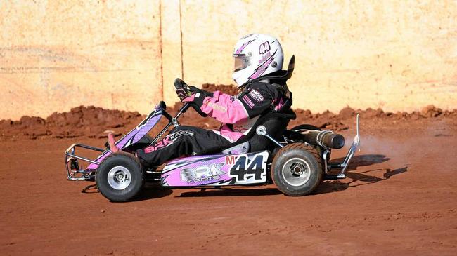 Ashleigh Moller in her iconic pink Number 44 kart on the Maryborough track. Picture: Cody Fox