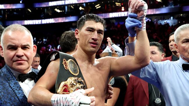 Dmitry Bivol reacts after his unanimous-decision victory against Canelo Alvarez after their WBA light heavyweight title fight. Photo by Al Bello/Getty Images