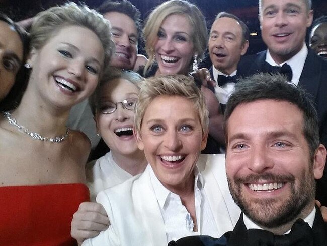 Kevin Spacey, in Ellen DeGeneres’ infamous Oscar selfie in 2014, was one of Hollywood’s biggest names. Picture: Twitter